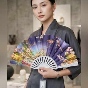 Floral Folding Fan with Gold Designs and White Handle and Tassel. NWT.
